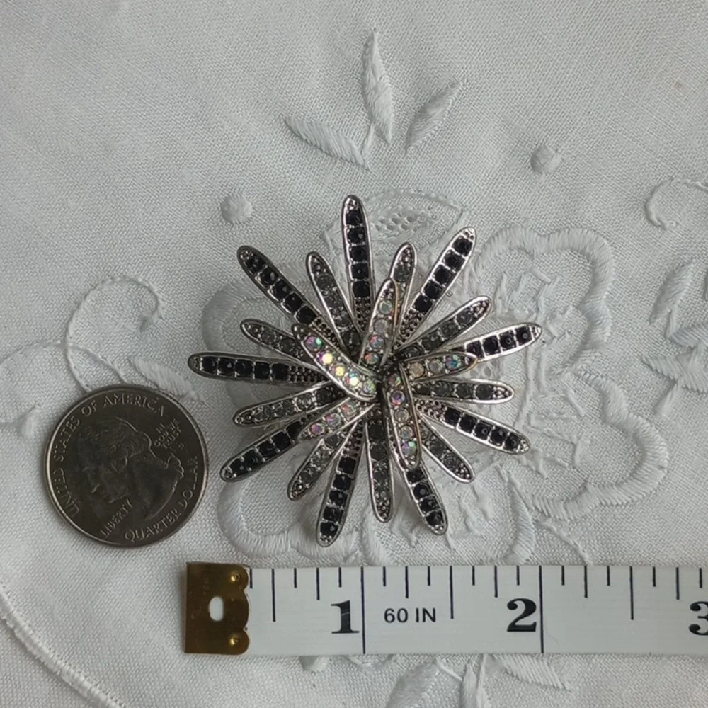 Vintage Flower Starburst atomic cosmo AB Rhinestone Brooch Silver Tone
